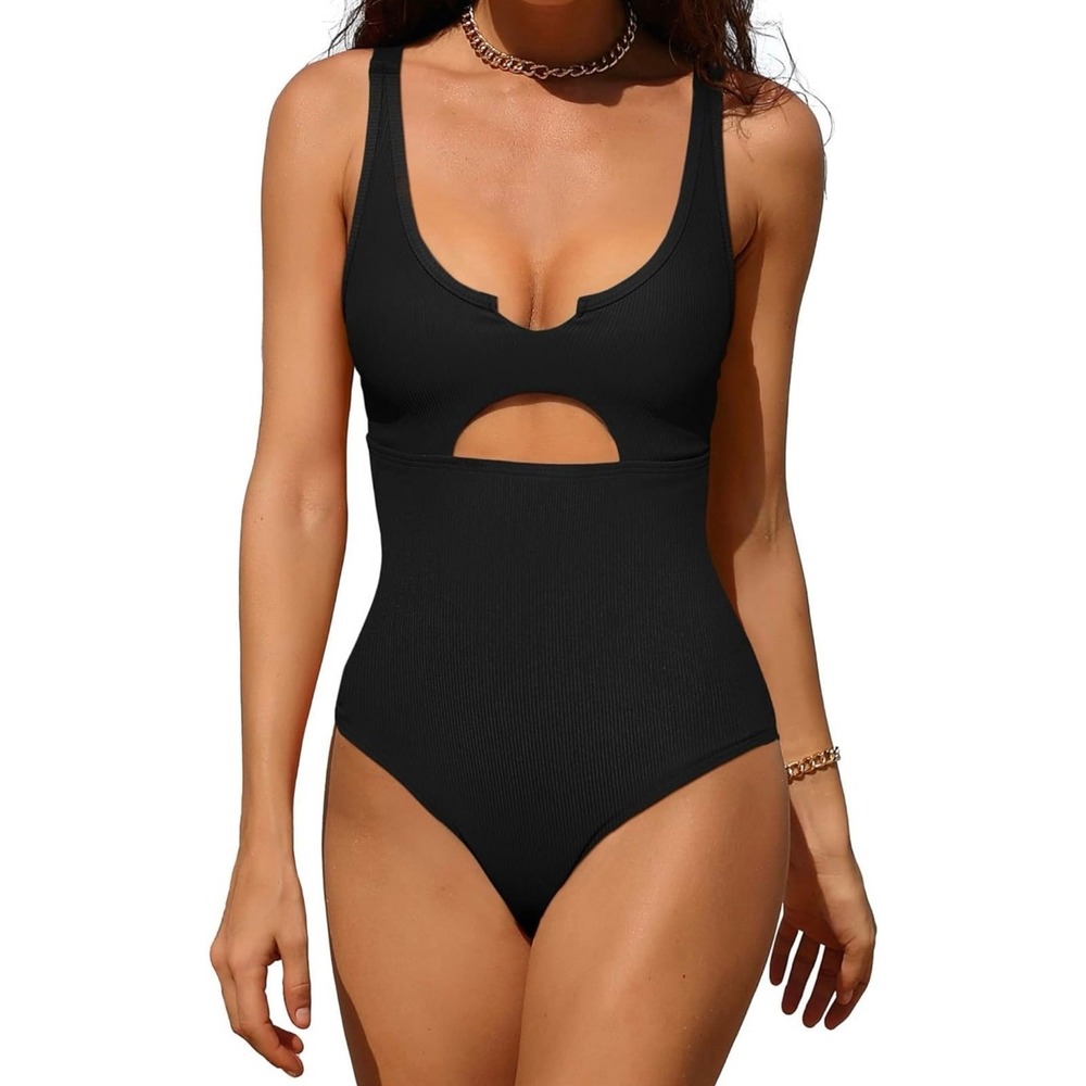 Charmo Ribbed One Piece Swimsuits Women Cutout Scoop Neck Bathing Suit High‎ Cut